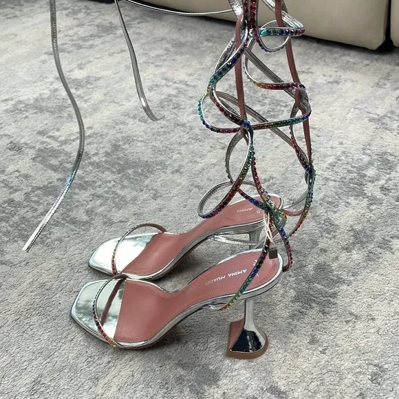 New Amina Muaddi x AWGE Rainbow Crystal LSD WrapAround Gladiator Sandals Heels